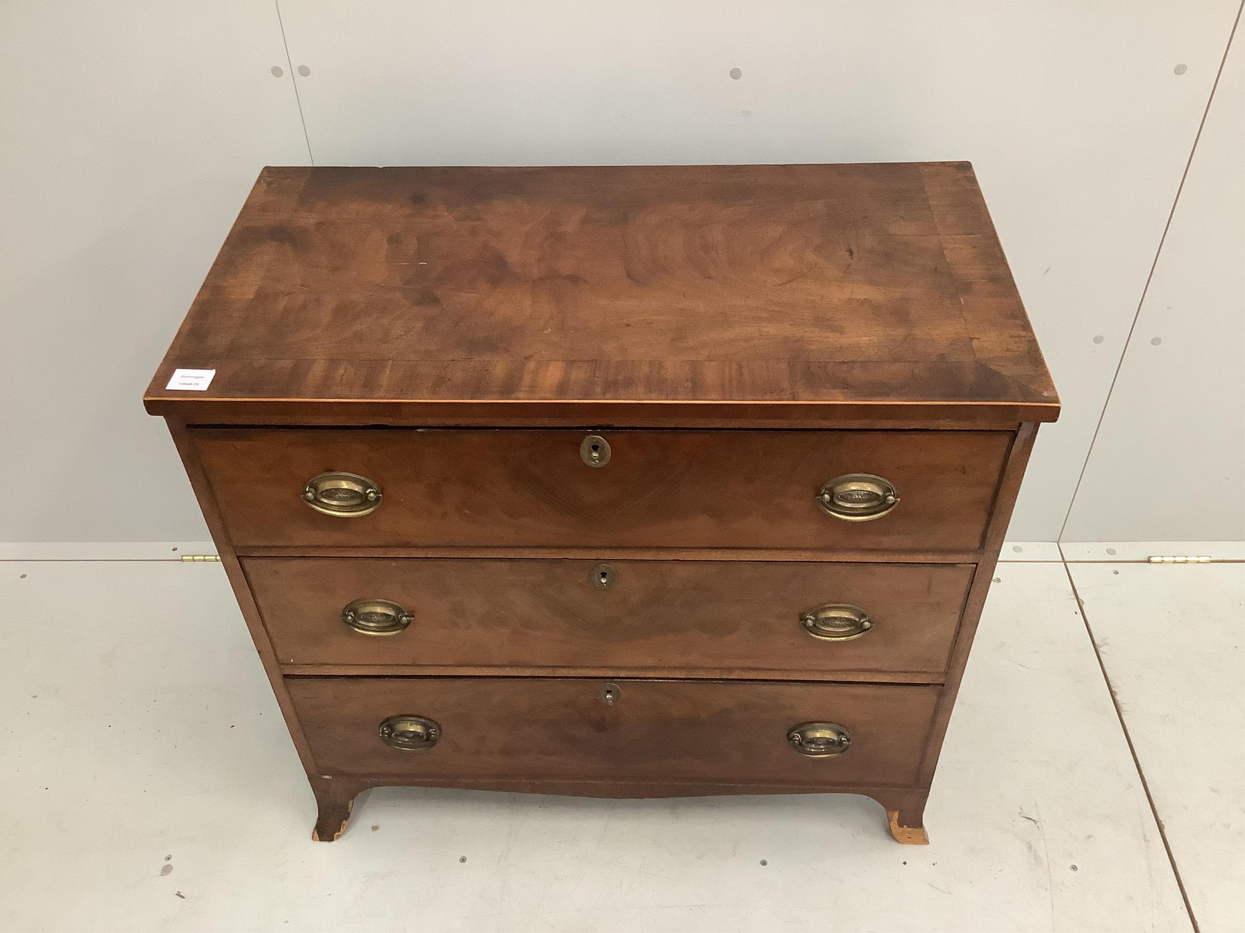 A George IV mahogany chest of three drawers, width 88cm, depth 46cm, height 85cm. Condition - fair